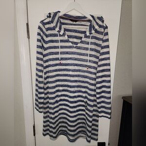 Tommy Hilfiger Blue and White Striped Hoodie Pool Coverup